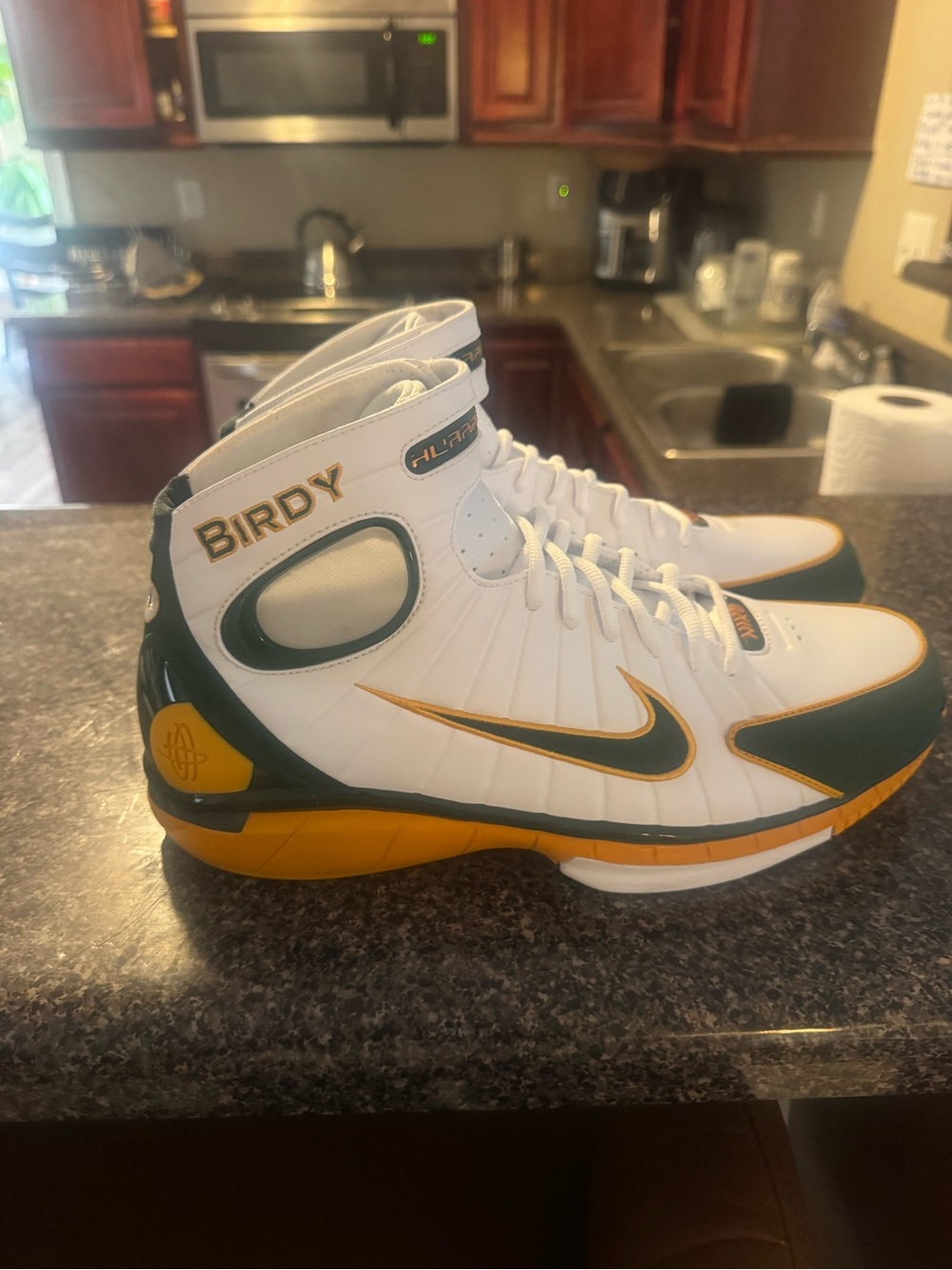 Nike White Green Gold Birdy High-Top Basketball Shoes 2k4